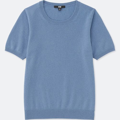 カシミヤクルーネックセーター(半袖)、カラー:63 BLUE