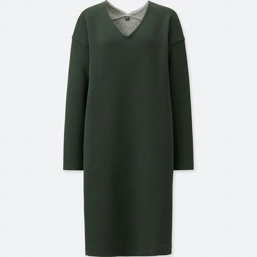 ダブルフェイスVネックワンピース（長袖）、カラー:59 DARK GREEN