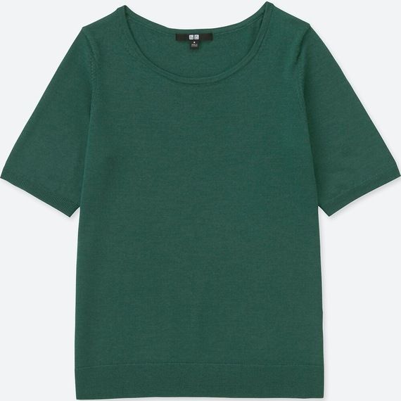 エクストラファインメリノクルーネックセッター（5分袖）グリーン┃UNIQLO